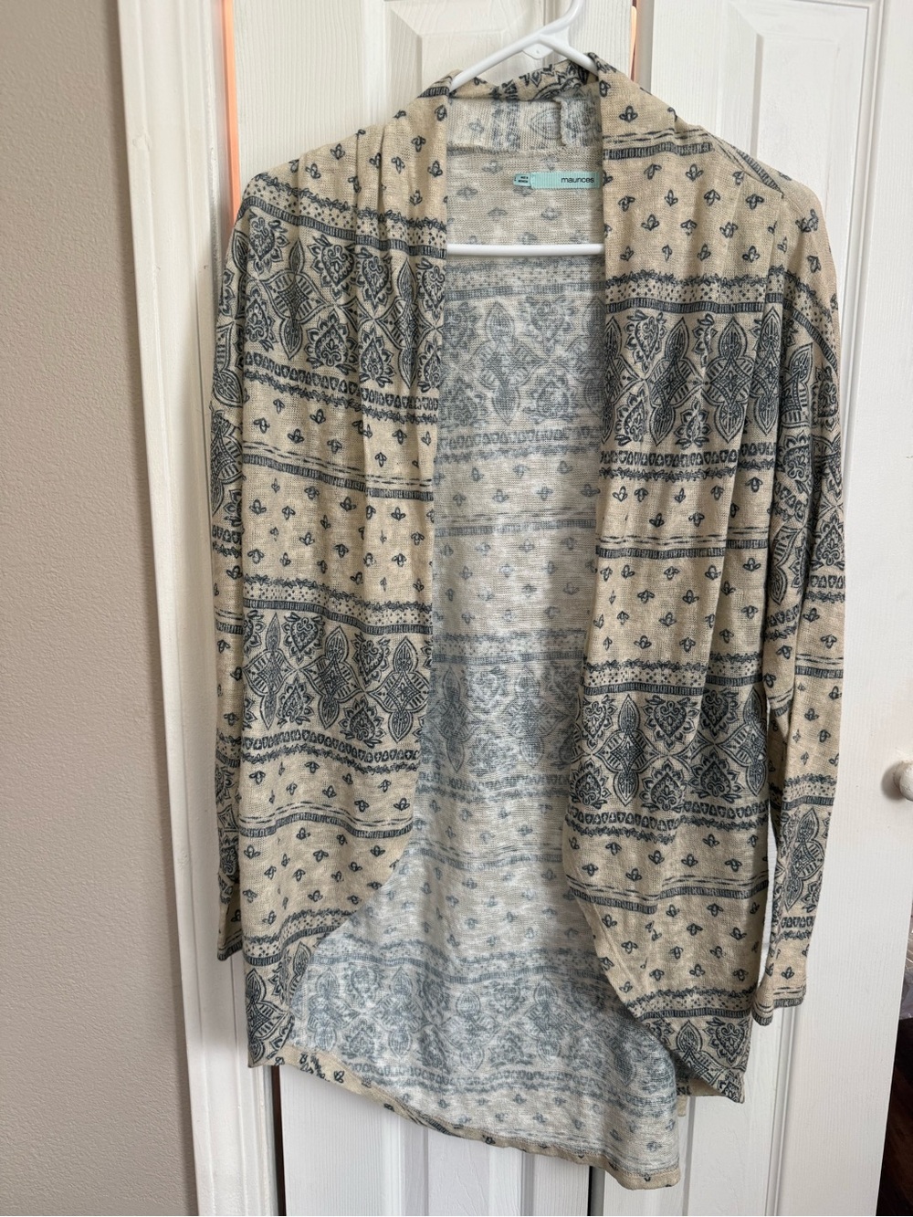 Maurices Boho Paisley Open Front Cardigan Beige Gray Large